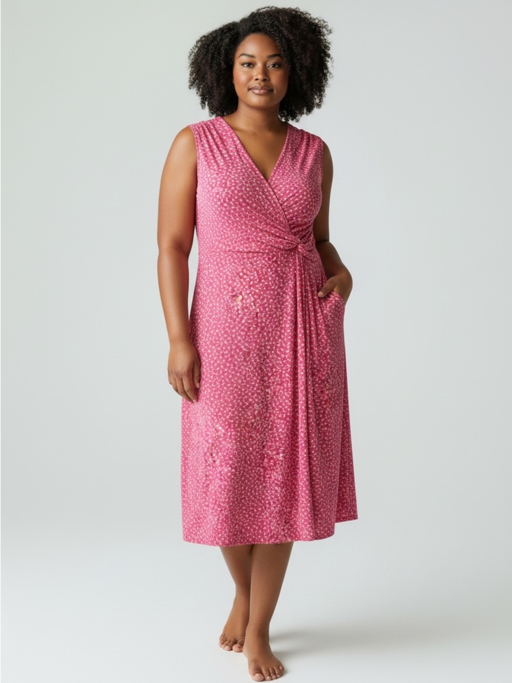 Lands' End Pink Knot-Front Sleeveless Midi Dress